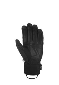 Gant en cuir noir avec des doigts segmentés, paume renforcée et poignet élastique. Présente une texture lisse et un accent en tissu près de la base.