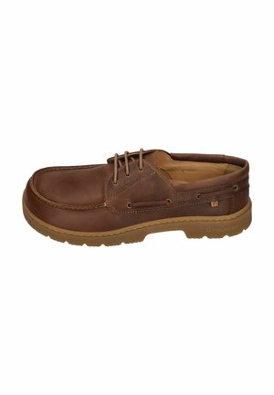 Brown leather casual boat shoe with beige sole and lace-up front, featuring stitched details and a low heel.