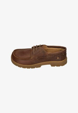 Brown leather casual boat shoe with beige sole and lace-up front, featuring stitched details and a low heel.
