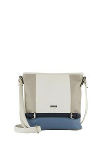 Borsa a spalla in materiale sintetico testurizzato, con un design geometrico caratterizzato da colori bianchi, beigi e blu. Tracolla regolabile e dettagli metallici.