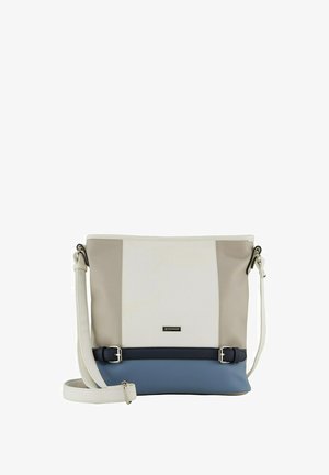 Borsa a spalla in materiale sintetico testurizzato, con un design geometrico caratterizzato da colori bianchi, beigi e blu. Tracolla regolabile e dettagli metallici.