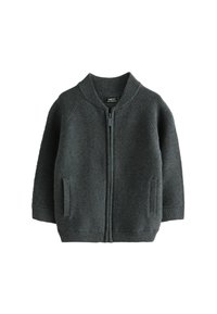 Ciemnoszary sweter z dzianiny z zamkiem z przodu, prążkowaną fakturą, kołnierzem typu szal i bocznymi kieszeniami. Charakteryzuje się luźnym fasonem i długimi rękawami.