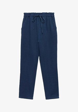 Námořnické modré, volné kalhoty vyrobené z texturované látky. Mají elastický pás se šňůrkou a boční kapsy.