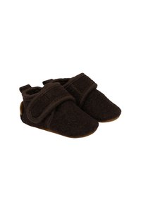 Tumedast pruunist villast sussidest pehme tekstuuriga, ümmargune varvas ja Velcro rihm. Pruunast nahast tald haardeks, peal pool on nööridega detail. 
