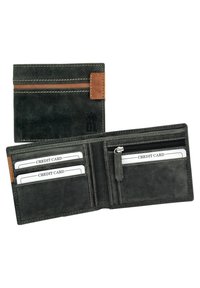 Portefeuille en cuir noir avec accents marron, doté de plusieurs emplacements pour cartes, d'une poche zippée et de porte-cartes blancs pour l'organisation.