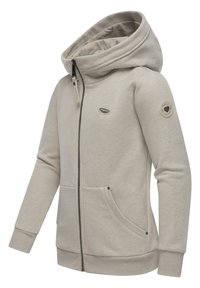 Felpa zip grigia chiara con cappuccio grande, tasche frontali, polsini a costine e dettaglio del logo impresso sul petto e sulla manica. Tessuto morbido.