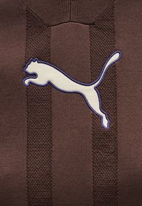 Λευκό λογότυπο πούμα σε άλμα, με μπλε περίγραμμα, κεντημένο σε υφή από σκούρο καφέ πλεκτό ύφασμα με κάθετες ρίγες.