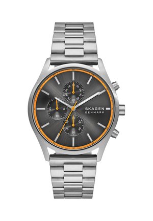 Silberne Skagen Denmark Chronograph-Uhr mit grauem Zifferblatt, orangenen Akzenten, drei Hilfszifferblättern und Edelstahl-Gliederarmband.