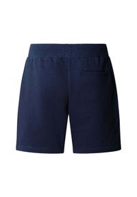 Granatowe casualowe szorty z elastycznym pasem i pojedynczą krawędziową kieszenią z tyłu po prawej stronie, widoczne od tyłu.