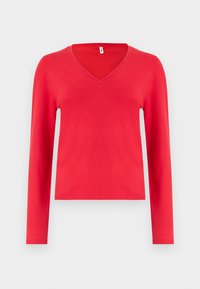 Suéter rojo de manga larga, con diseño de cuello en V, confeccionado en un material suave, con una silueta ajustada y detalles de dobladillo acanalado.