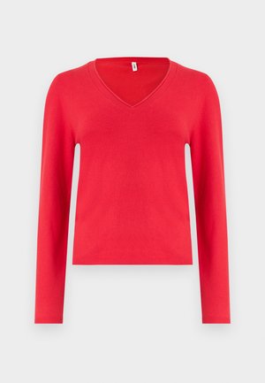 Suéter vermelho de manga comprida, com decote em V, confeccionado em material macio, com silhueta ajustada e detalhes de bainha canelada.