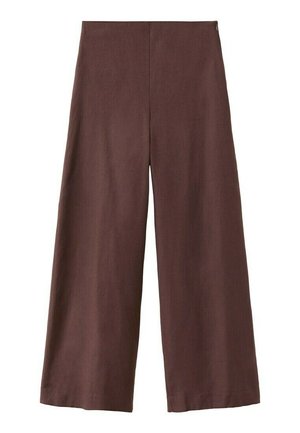 Pantalon marron à jambes larges avec taille haute et devant épuré, en tissu doux, présenté sur un fond blanc.