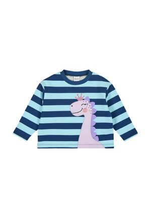 Langsleeve peuter T-shirt met lichte en donkere blauwe horizontale strepen en een lachende paarse dinosaurus met een roze kroon op de voorkant.