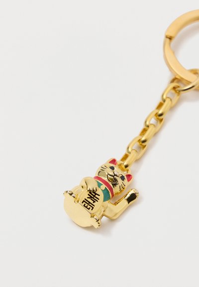 Portachiavi in tono oro con una figurina di gatto con orecchio e collare rosso, che tiene un cartello. Anelli della catena visibili, superficie liscia.