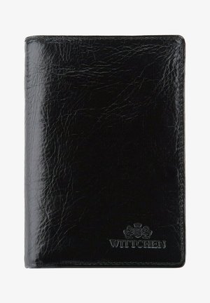 Black leather wallet with a textured finish, featuring embossed branding. Compact rectangular shape with clean, streamlined edges.