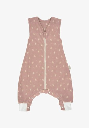 Sleeveless baby romper in muted pink with white leaf patterns, featuring a front zipper and contrasting white cuffs. Soft fabric texture.