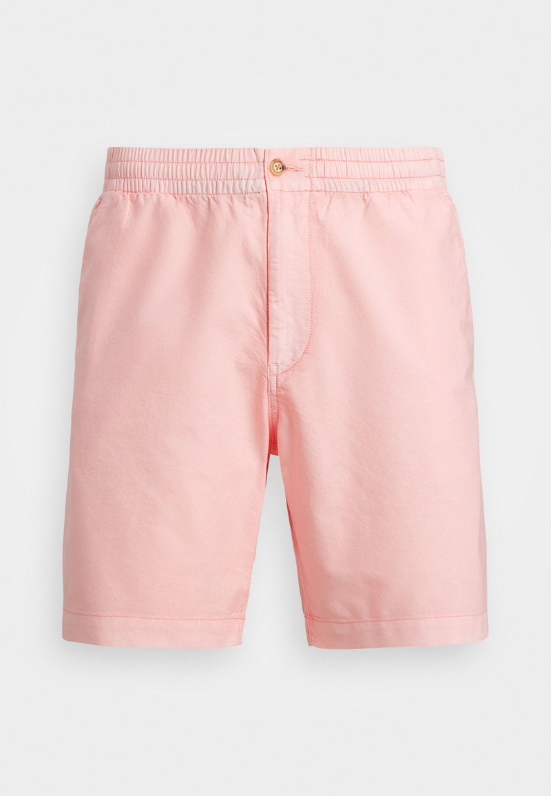 Ljusrosa shorts gjorda av mjukt material, med resårmidja, en enkel knappstängning och en ren fåll utan mönster.