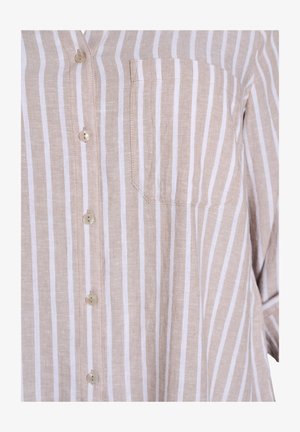 Gaišbrūns un balts svītrainais krekliņš ar pogām, izgatavots no viegla auduma. Tam ir priekšējā kabata un mātes pērlītēm līdzīgas pogas.