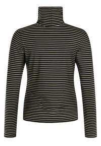 Haut noir à manches longues avec un col montant, arborant un motif rayé doré horizontal et une coupe ajustée, fabriqué dans un tissu doux.