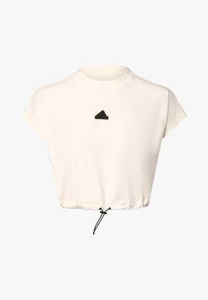Gebroken-wit cropped T-shirt met korte mouwen, zwarte trekkoordzoom en klein zwart Adidas-logo in het midden van de borst.