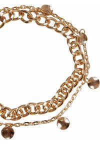 Bracciale a catena a strati in tonalità oro, caratterizzato da grandi anelli e ciondoli circolari testurizzati, che mette in mostra una finitura metallica lucida e un design delicato.