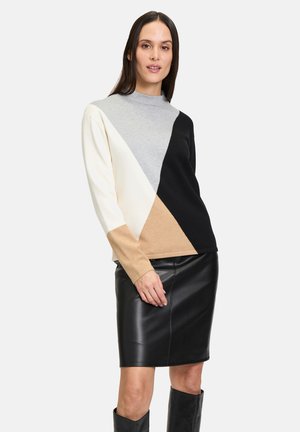 Sweater with a color-block design in gray, cream, black, and tan. Made from soft material; features a high neckline and long sleeves.