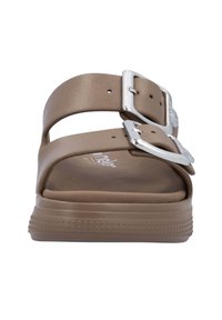 Brown synthetic slide sandal with two adjustable straps, silver hardware, textured sole, and a rounded toe design.