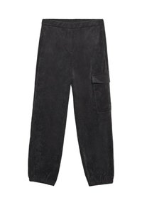 Pantalones de pana en gris oscuro con un corte relajado. Cuentan con una cinturilla elástica y un bolsillo lateral tipo cargo con tapa. Diseño de textura acanalada.