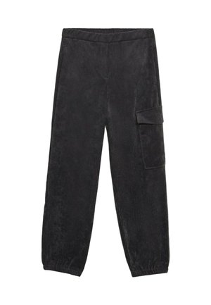 Corduroy broek in donkergrijs met een relaxte pasvorm. Voorzien van een elastische tailleband en een zijcargo zak met klep. Gelaagd rib ontwerp.