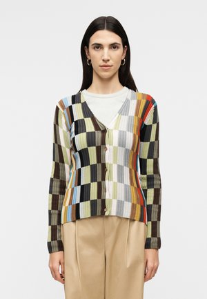 Frau trägt eine mehrfarbige, karierte Strickjacke mit Knöpfen über einem weißen Top, kombiniert mit beigen, hoch taillierten Hosen, steht vor einem einfarbigen Hintergrund.