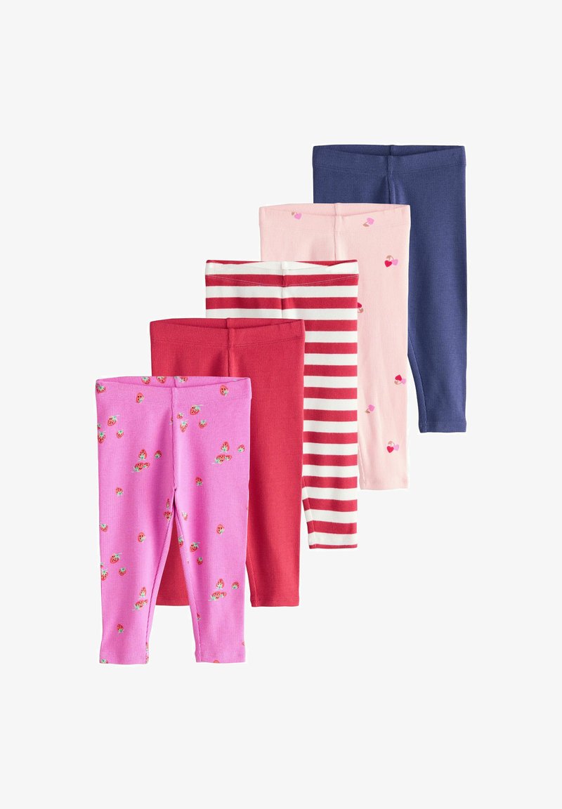 Fünf Paar Kinderleggings in Pink mit Erdbeeren, einfarbig Rot, rot-weiß gestreift, hellrosa mit Kirschen und einfarbig Marineblau.