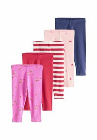Cinque paia di leggings di vari colori: rosa con fragole, rosso uniforme, a righe rosso e bianco, rosa chiaro con cuori e blu navy uniforme.