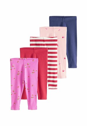Cinq paires de leggings de couleurs variées : rose avec des fraises, rouge uni, rayé rouge et blanc, rose clair avec des cœurs, et bleu marine uni.