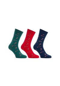Zestaw trzech bawełnianych skarpetek z wzorem w pastylki cukrowe. Kolory to zieleń, czerwień i granat. Każda skarpeta ma ściągacz.