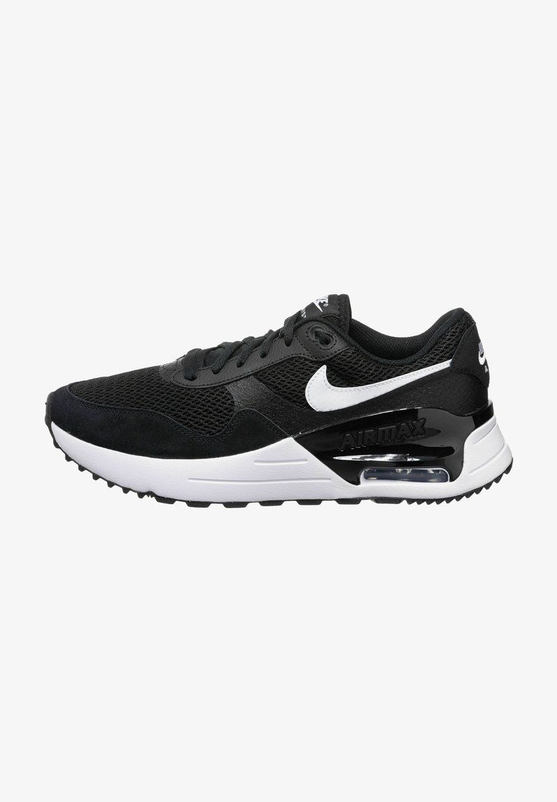 Sneaker nera realizzata in mesh e suede con logo Nike bianco, ammortizzazione Air Max visibile e suola in gomma con battistrada testurizzato.