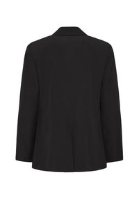 Blazer noir avec un design structuré, revers crantés, coupe ajustée et fente unique à l'arrière. Texture lisse sans attaches visibles.