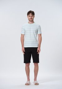 Lysegrøn og hvidstribet kortærmet T-shirt, parret med sorte shorts og beige sandaler, stående mod en ensfarvet hvid baggrund.
