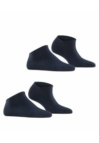Ciemnoniebieskie skarpetki do kostek, wykonane z miękkiego materiału, z gładką powierzchnią i elastycznymi mankietami zapewniającymi dopasowanie. Wyświetlonych cztery pary.