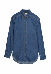 Denimskjorta i mörkblått med klassisk krage, knapplist fram, långa ärmar och kontrasterande sömmar. Rundad fåll.