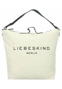 Canvas shoulder bag in off-white with a black leather strap. Features large black logo text "LIEBESKIND BERLIN" on the front.