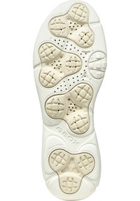 Suela de goma blanca con una superficie texturizada, con patrones circulares y hexagonales, y perforaciones para la transpirabilidad. Logo "GEOX" presente.