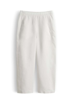 White elastic waist pants with a relaxed fit, two side pockets, and straight cropped legs.