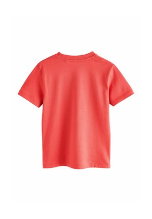 T-shirt corallo a maniche corte realizzato in cotone. Presenta un collo rotondo e un orlo dritto. Texture liscia con un colore uniforme.