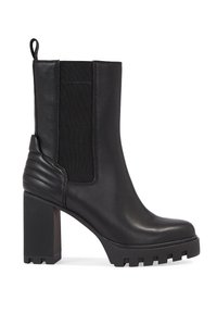 Czarne skórzane botki za kostkę z elastycznymi panelami bocznymi, na słupkowym obcasie i z ryflowaną podeszwą. Zawierają żebrowane akcenty na obcasie dla dodatkowego efektu.