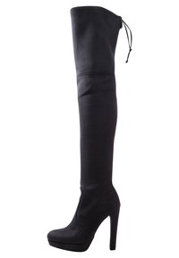 Stivali neri sopra il ginocchio realizzati in tessuto liscio, con tacco a stiletto alto, punta tonda e design aderente con cima regolabile tramite cordoncino.