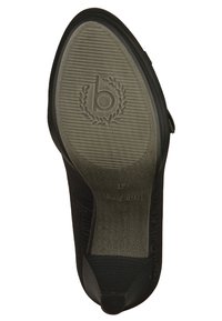 Semelle de chaussure noire en caoutchouc texturé, avec un logo circulaire et la taille 37. Motif côtelé le long des bords pour l'adhérence et la stabilité.