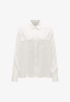 Long-sleeved white shirt made from smooth fabric, featuring a classic collar, front button closure, and two chest pockets with flap accents.
