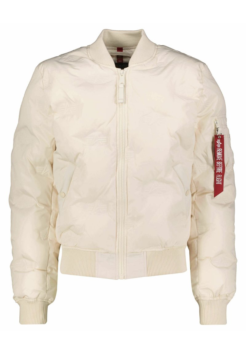 Gestepptes Bomberjacke in Off-White, mit einem Reißverschluss auf der Vorderseite, gerippten Bündchen, Saum und einem roten Etikett am Ärmel. Strukturiert Oberfläche und Taschen.