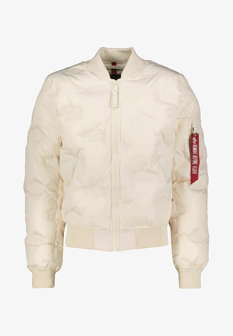 Gestepptes Bomberjacke in Off-White, mit einem Reißverschluss auf der Vorderseite, gerippten Bündchen, Saum und einem roten Etikett am Ärmel. Strukturiert Oberfläche und Taschen.