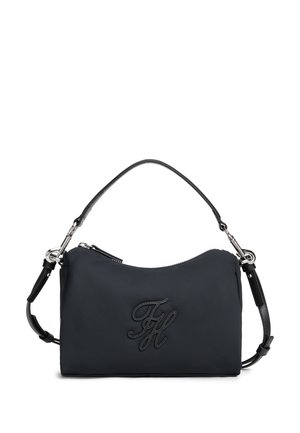 Black rectangular handbag with a detachable shoulder strap, top handle, zipper closure, and stitched "TH" initials on the front.